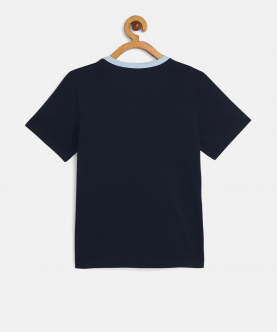 Boys Navy Blue Printed Mercerised Cotton T-Shirt