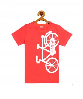Coral Half Sleeves Bicycle Print Cotton T-Shirt