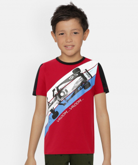 Boys Red Racing Car Print Half Sleeves Cotton T-Shirt