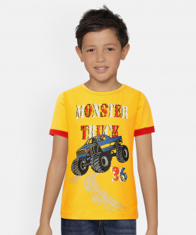 Boys Yellow Round Neck Car Print Cotton T-Shirt