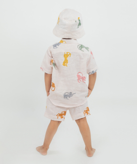Linen  Printed Co-ord Set With Bucket Hat -3Pc 