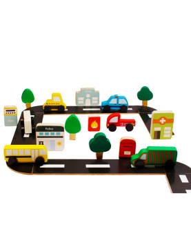 Build a Community Town - 6 Community Vehicles + 6 Community Buildings + Roads + Trees - Set Of 28 Pieces
