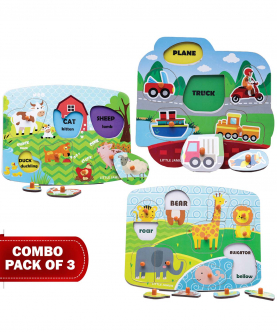 Little Jamun Combo Pack Of 3-Wild Animals,Farm Life & Transport Peg Puzzles
