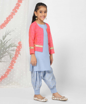 Blue Patiyala and Pink Jacket Set for Girls