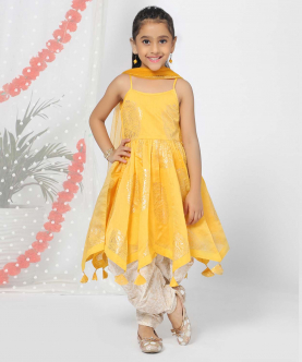 Yellow Anarkali Kurti Patiyala Set for Girls
