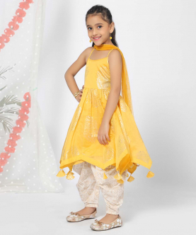 Yellow Anarkali Kurti Patiyala Set for Girls