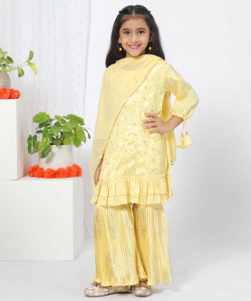 Yellow Ruffled Kurta Sharara Set For Girls