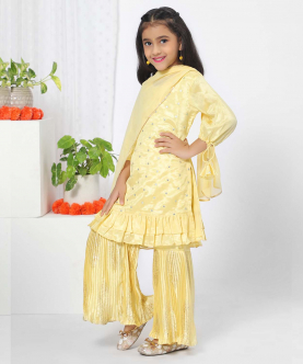 Yellow Ruffled Kurta Sharara Set For Girls