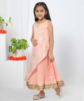 Asymmetric Side Cut Pink Gown For Girls
