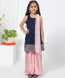 Embroidered Navy Blue Sharara Set For Girls
