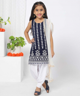 Floral Embroiderd Navy Blue Dhoti Set For Girls
