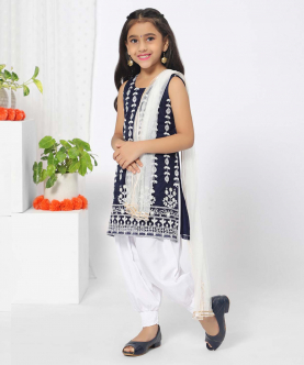 Floral Embroiderd Navy Blue Dhoti Set For Girls