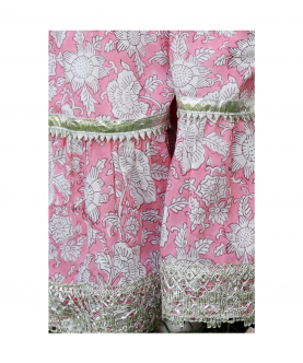 Block Printed Kurta With Gota Detailing Paired With A Baby Pink  Sharara, Cotton Lining And A  Net Dupatta