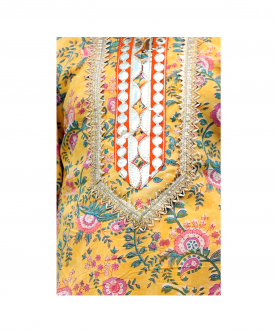 Yellow Block Printed Kurta With Gota Detailing  Paired With A Yellow  Sharara, Cotton Lining And  A Net Dupatta