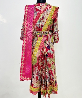 Printed Drape Saree With Hand Embroidery