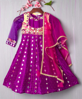 Purple Hand Embroidered Resham And Mirror Work Anarkali With Koti