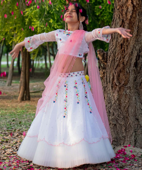 Hand Embroidered White Lehenga With Attached Dupatta