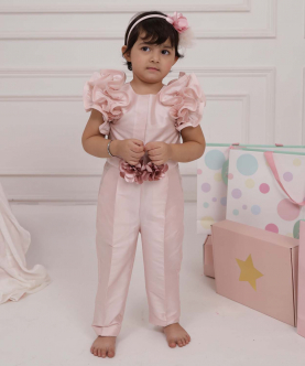 Soft Pink Ruffle Sleeve Jumpsuit With Flower Belt