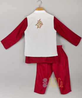 Red Kurta Pyjama With White Embroidered Jacket