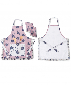 Purple And Grey Colour Printed Canvas Apron With Mittens And Pouch Set In Gift Box
