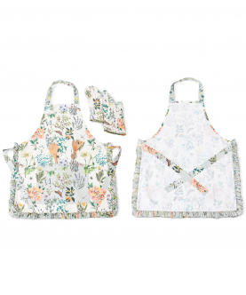 Ivory And Aqua Colour Printed Canvas Apron with Mittens and Pouch Set In Gift Box