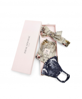 Navy Jannat And Olive Wild Print Reversible 3 Ply Mask With Pouch And Hairband Set