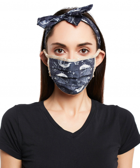 Navy Jannat And Beige Khargosh Print Pleated 3 Ply Mask With Pouch And Hairband Set