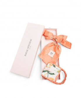 Ivory Hand Painted And Coral Stem Print Pleated 3 Ply Mask With Pouch And Hairband Set