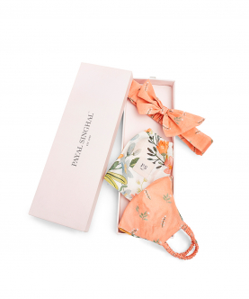 Ivory Hand Painted And Coral Stem Print Reversible 3 Ply Mask With Pouch And Hairband Set