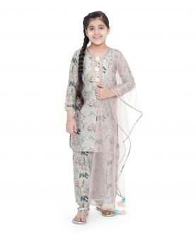 PS Kids Mint Colour Printed Cotton Kurta With Palazzo And Blush Colour Net Dupatta For Girls