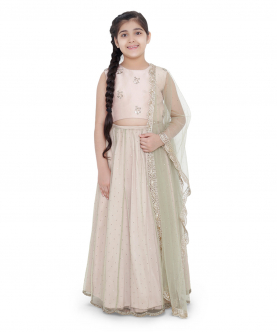 PS Kids Blush Colour Silk Embroidered Choli With Mint Colour Mukaish Net And Blush Colour Silk Lehenga With Mint Colour Net Dupatta For Girls