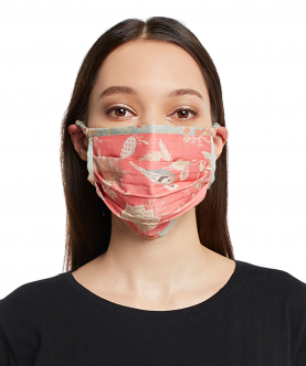 Coral And Aqua Chidiya Print Pleated 3 Ply Mask With Pouch