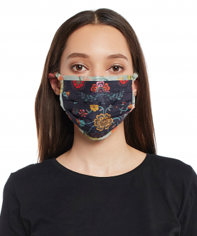 Navy Spring Print With Aqua Hand Painted Print Pleated 3 Ply Mask With Pouch
