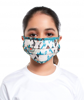 PS Kids White And Blue Ikat Love Print Pleated 3 Ply Mask With Pouch For Kids