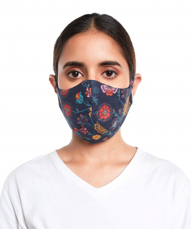 Navy Spring Print Structured 3 Ply Mask With Pouch