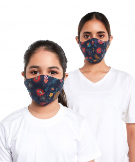 Mini Me PS Masks Twin Set - Navy Spring Print Structured 3 Ply Masks With Pouches