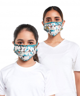 Mini Me PS Masks Twin Set - White And Blue Ikat Love Print Pleated 3 Ply Masks With Pouches