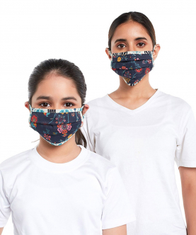 Mini Me PS Masks Twin Set - Navy Spring And Tulip Garden Print Pleated 3 Ply Masks With Pouches