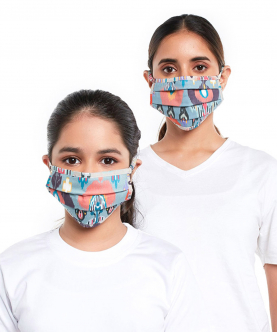 Mini Me PS Masks Twin Set - Blue And Stone Ikat Garden Print Pleated 3 Ply Masks With Pouches