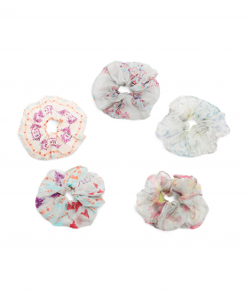 Set Of 5 Assorted Organza And Silkmul Scrunchies In Signature Prints