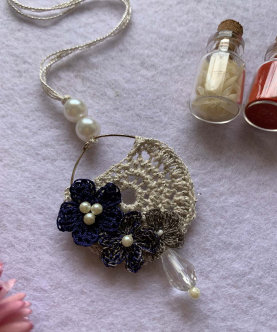 Crochet Silk Thread Flowers Hoop Lumba / Hanging Rakhi - Navy/Silver