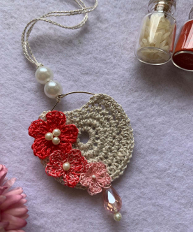 Crochet Silk Thread Flowers Hoop Lumba / Hanging Rakhi - Pink/Silver
