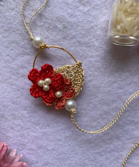 Crochet Silk Thread Flowers Hoop Rakhi - Red/Gold