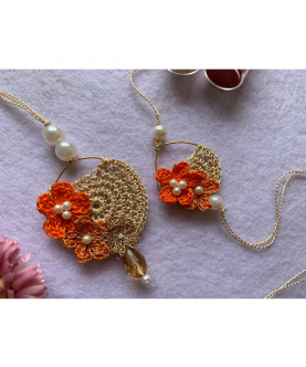 Combo Of Rakhi & Lumba -Crochet Silk Thread Flowers On Hoops - Set Of 2 - Orange/Gold