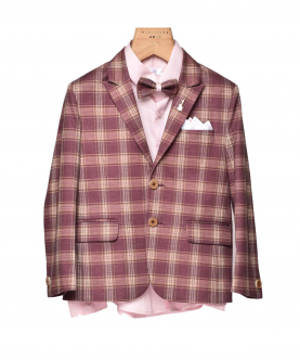 Maroon Check Suit With Pink Shirt And Same Bow Tie