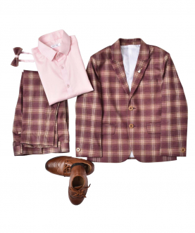 Maroon Check Suit With Pink Shirt And Same Bow Tie