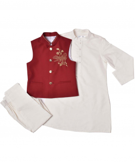 White Kurta With Red Embroidered Waist Coat