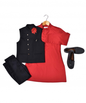 Red Kurta With Black Embroidered Waist Coat
