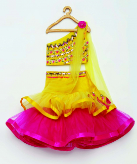 One Shoulder Yellow Pink Saree Lehenga