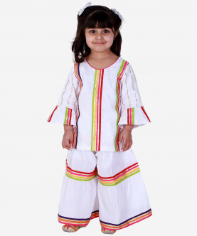 White Sharara Set With Multicolour Stripes